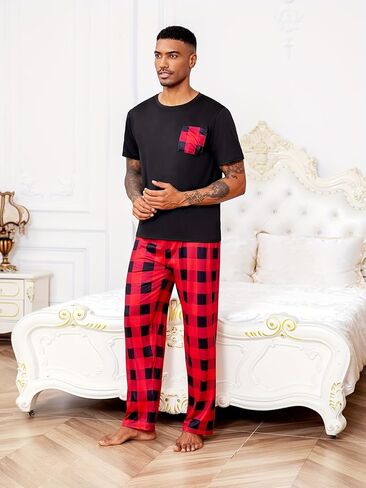 Men's Short Sleeve Pajama Set, Black T-Shirt with Red Black Plaid Pocket & Matching Pants Breathable Loungewear in Saudi Arabia