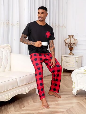 Men's Short Sleeve Pajama Set, Black T-Shirt with Red Black Plaid Pocket & Matching Pants Breathable Loungewear in Saudi Arabia