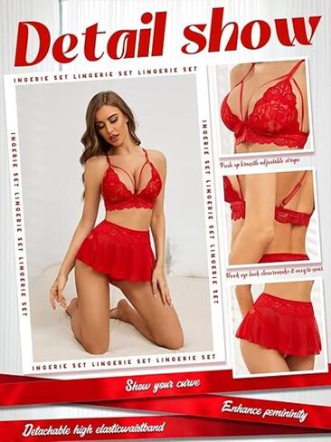 Womens Lingerie Set Sheer Lace Bralette and Mesh Skirt Panty Adjustable Straps Soft Stretch Intimate Wear Valentine Gift in Saudi Arabia