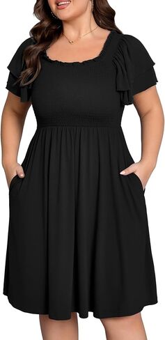 فستان نسائي كاجوال مقاس متوسط ​​الطول فستان صيفي بأكمام قصيرة ورقبة مكشكشة للحفلات مع جيبين in Kuwait