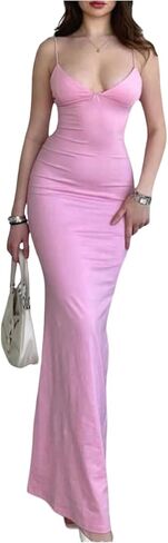 SHENHE Women's Sexy Spaghetti Strap Maxi Dress Deep V Neck Y2k Bodycon Long Fishtail Dress in Saudi Arabia