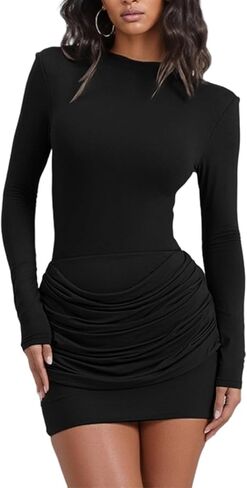 LETSVDO Women's Ruched Bodycon Mini Dress Long Sleeve Mock Neck Slim Stretchy Elegant Sexy Party Night Drssses in Saudi Arabia