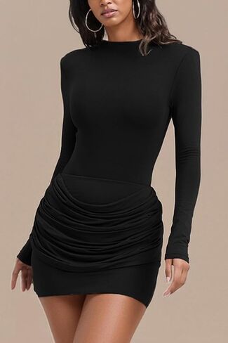 LETSVDO Women's Ruched Bodycon Mini Dress Long Sleeve Mock Neck Slim Stretchy Elegant Sexy Party Night Drssses in Saudi Arabia