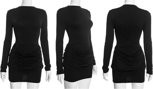 LETSVDO Women's Ruched Bodycon Mini Dress Long Sleeve Mock Neck Slim Stretchy Elegant Sexy Party Night Drssses in Saudi Arabia