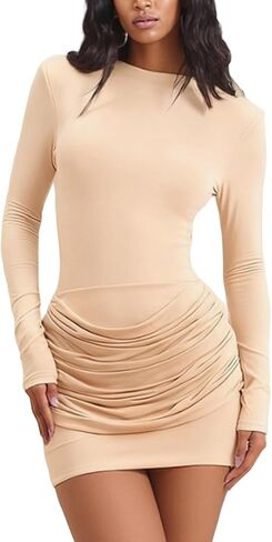 LETSVDO Women's Ruched Bodycon Mini Dress Long Sleeve Mock Neck Slim Stretchy Elegant Sexy Party Night Drssses in Saudi Arabia