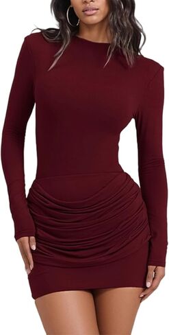 LETSVDO Women's Ruched Bodycon Mini Dress Long Sleeve Mock Neck Slim Stretchy Elegant Sexy Party Night Drssses in Saudi Arabia