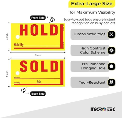 علامات MICRO TEC Jumbo Hold/Sold مع لمسة نهائية مصقولة - علامات صفراء متينة مقاس 8 × 4 بوصة مع طباعة حمراء جريئة، مقاومة للطقس، إصدار خارجي، تتضمن 2 علامة مقاومة للماء - عبوة من 250 قطعة in Kuwait