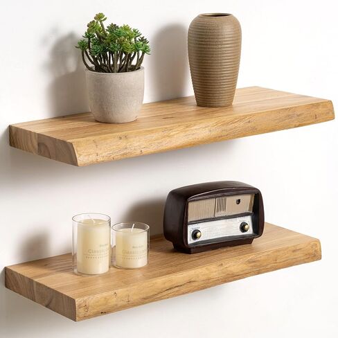 Fun Memories Floating Shelves for Wall Decor Set of 2-20 Inch Solid Elm Wood Live Edge - Rustic Natural Wall Shelves with Invisible Brackets - for Living Room, Bedroom, Kitchen - Natural Finish in Saudi Arabia