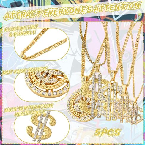 8 عبوات من سلسلة قلادة من الذهب المزيف بعلامة الدولار الذهبي لمجموعة أزياء الهيب هوب في الثمانينات، قلادة سلسلة أموال وهمية، مجوهرات مغني الراب الهيب هوب سلسلة المال زي إكسسوارات الزي للرجال والنساء in Kuwait