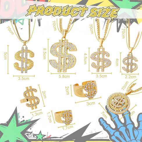 8 عبوات من سلسلة قلادة من الذهب المزيف بعلامة الدولار الذهبي لمجموعة أزياء الهيب هوب في الثمانينات، قلادة سلسلة أموال وهمية، مجوهرات مغني الراب الهيب هوب سلسلة المال زي إكسسوارات الزي للرجال والنساء in Kuwait