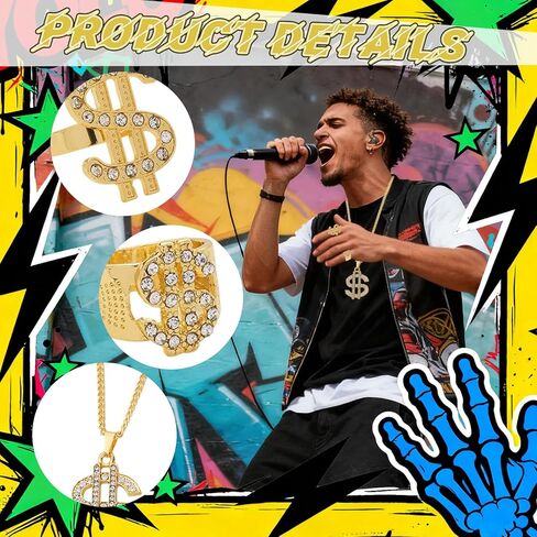 8 عبوات من سلسلة قلادة من الذهب المزيف بعلامة الدولار الذهبي لمجموعة أزياء الهيب هوب في الثمانينات، قلادة سلسلة أموال وهمية، مجوهرات مغني الراب الهيب هوب سلسلة المال زي إكسسوارات الزي للرجال والنساء in Kuwait