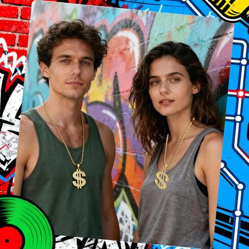 8 عبوات من سلسلة قلادة من الذهب المزيف بعلامة الدولار الذهبي لمجموعة أزياء الهيب هوب في الثمانينات، قلادة سلسلة أموال وهمية، مجوهرات مغني الراب الهيب هوب سلسلة المال زي إكسسوارات الزي للرجال والنساء in Kuwait