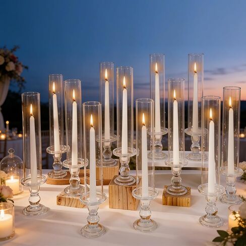 JarThenaAMCS 12 Sets Glass Hurricane Candle Holder 11.8" Tall Clear Glass Cylinder Tube and 4.3" Candle Stick Holder for Birthday Wedding Party Dining Table Centerpiece Decor in Saudi Arabia