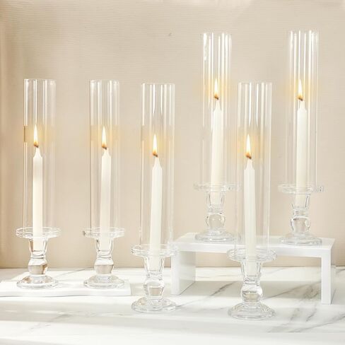 JarThenaAMCS 12 Sets Glass Hurricane Candle Holder 11.8" Tall Clear Glass Cylinder Tube and 4.3" Candle Stick Holder for Birthday Wedding Party Dining Table Centerpiece Decor in Saudi Arabia