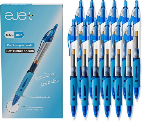 ejet 12 Pack 0.5mm Fine Line Blue Pens - Retractable Ballpoint for Smooth Writing | Ideal for School, Office & Home Use in Kuwait