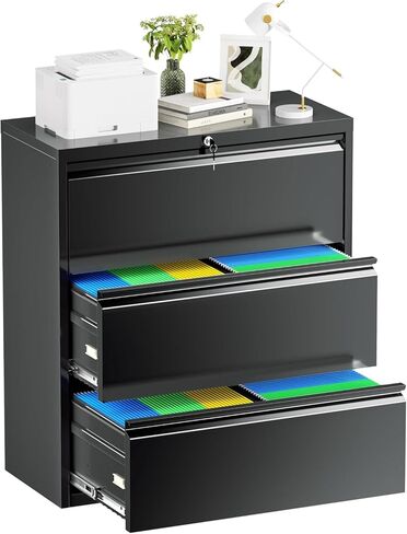Incbruce خزانة ملفات جانبية مقاس 28 بوصة ث 3 أدراج، خزانة ملفات جانبية ذات 3 أدراج مع قفل، خزانة تخزين ملفات جانبية معدنية واسعة للمنزل والمكتب، تناسب A4/F4/Letter/الملف القانوني (أسود) in Kuwait