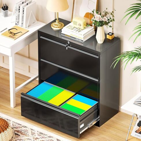 Incbruce خزانة ملفات جانبية مقاس 28 بوصة ث 3 أدراج، خزانة ملفات جانبية ذات 3 أدراج مع قفل، خزانة تخزين ملفات جانبية معدنية واسعة للمنزل والمكتب، تناسب A4/F4/Letter/الملف القانوني (أسود) in Kuwait