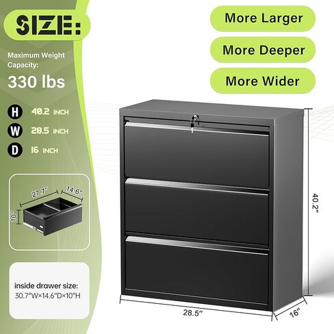 Incbruce خزانة ملفات جانبية مقاس 28 بوصة ث 3 أدراج، خزانة ملفات جانبية ذات 3 أدراج مع قفل، خزانة تخزين ملفات جانبية معدنية واسعة للمنزل والمكتب، تناسب A4/F4/Letter/الملف القانوني (أسود) in Kuwait