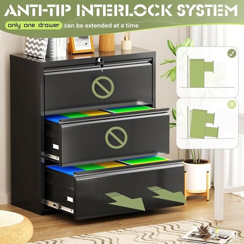 Incbruce خزانة ملفات جانبية مقاس 28 بوصة ث 3 أدراج، خزانة ملفات جانبية ذات 3 أدراج مع قفل، خزانة تخزين ملفات جانبية معدنية واسعة للمنزل والمكتب، تناسب A4/F4/Letter/الملف القانوني (أسود) in Kuwait