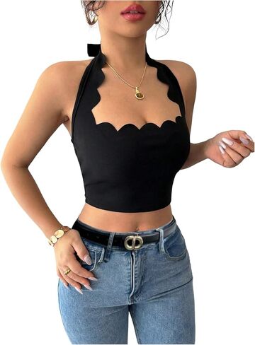SOLY HUX Women's Halter Top Scallop Sleeveless Tie Backless Going Out Crop Tank Tops in Saudi Arabia