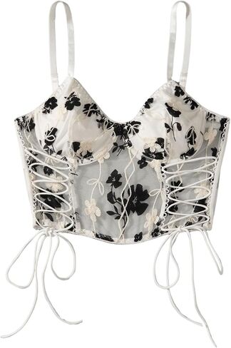 Women's Floral Embroidered Mesh Cami Tops Lace Up Spaghetti Strap Crop Tops in Saudi Arabia