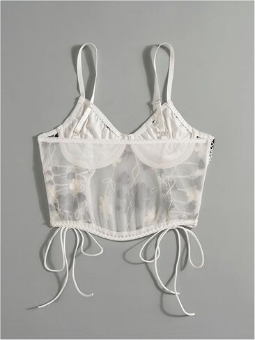 Women's Floral Embroidered Mesh Cami Tops Lace Up Spaghetti Strap Crop Tops in Saudi Arabia