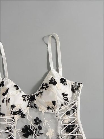 Women's Floral Embroidered Mesh Cami Tops Lace Up Spaghetti Strap Crop Tops in Saudi Arabia