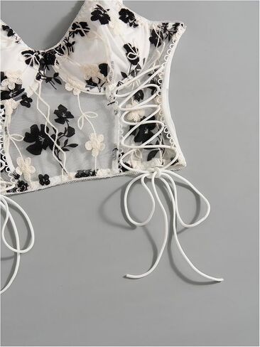Women's Floral Embroidered Mesh Cami Tops Lace Up Spaghetti Strap Crop Tops in Saudi Arabia