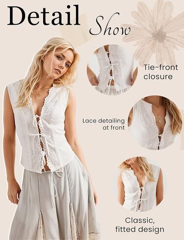 Women Summer Boho Lace Tie Front Vest Tank Hollow Eyelet Tops Tank Beach Vacation Cami Sleeveless Fashion Clothes in Saudi Arabia