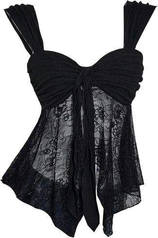 توب نسائي دانتيل Y2k بدون أكمام شبكي شفاف غير متماثل رقبة على شكل قلب بدون أكمام للخروج للحفلات والنوادي ملابس علوية in Kuwait