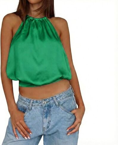 Women Satin Halter Top Backless Sexy Open Back Sleeveless Crop Y2K Summer Going Out Tops in Kuwait