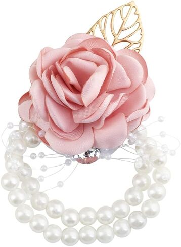 Abbie Home Decent Wrist Corsage for Prom Party Wedding Ball Event Silk Rose Rhinestone Hand Flower Classic Pearl Bracelet in Kuwait