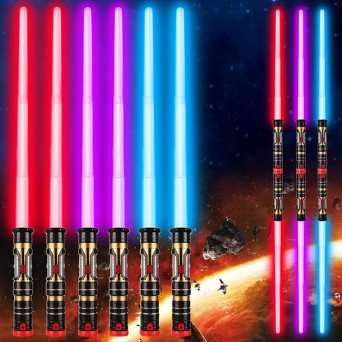 Bakatatoyz 6 Pack Light Up Swords 3 Colors, 2-in-1 Led Dual Saber with Fx Sound (Motion Sensitive) and Telescopic Handle for Multiplayer Galaxy War Fighter Warriors, Xmas Present Kids Party Gift in Kuwait
