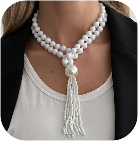 قلادة مطرزة مكتنزة للنساء الطبقات الكرة مطرز حبلا سلسلة المختنق لؤلؤة كبيرة Y قلادة حزب مجوهرات خمر in Kuwait