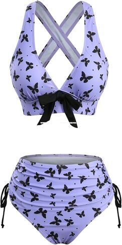 DRESSFO إمرأة ريترو بيكيني مجموعة قطعتين القوطية فراشة مطبوعة Bowknot الرسن خمر Tankini ثوب السباحة in Saudi Arabia