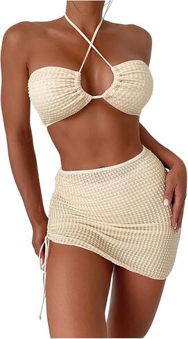SweatyRocks Women's 3 Piece Swimsuit Textured Crisscross Halter Bikini Sets Bathing Suit with Cover Up Skirt in Saudi Arabia