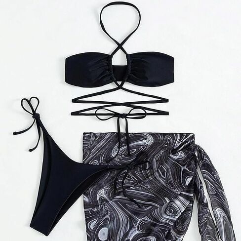 Sheer Mesh Mini Skirt Bikini Three Piece Set, Tie Waist Swim Top and Bottom, Stretch Style for Beach Days in Saudi Arabia