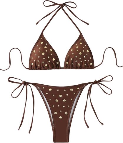 SEGT Women's Metallic Studded Bathing Suit 2 Piece Triangle Bikini Set Halter Cheeky Tie Side Swimsuit in Kuwait