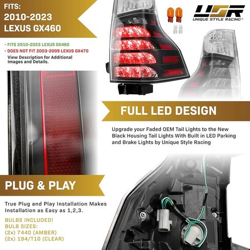 USR 10-23 9700 مصباح خلفي SUV - مجموعة مصابيح الذيل الخلفية (يسار + يمين) زوج - متوافق مع 2010-2023 Lexus GX460 Base/Premium جميع الموديلات (OE F-SPORT STYLE BLACK LED TAIL LIGHTS مع المصابيح وحزام الأسلاك) in Saudi Arabia