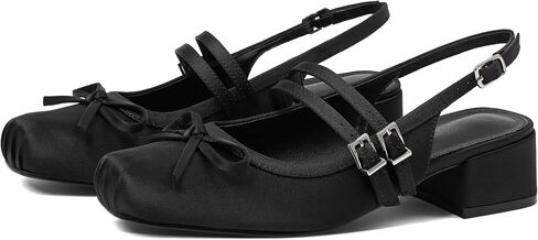 Mary Jane for Women Slingback Pumps Ballet Chunky Heel Closed Square Toe Pumps Satin Wedding Shoes Party Low Block Heel Bow Office Work Shoes in Kuwait