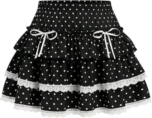 WDIRARA المرأة حجم كبير منقطة الطبقات كشكش تنورة صغيرة الدانتيل تقليم القوس ألف خط التنانير القصيرة in Kuwait