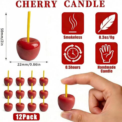 12 Pcs Cherry Birthday Candles Decorations, Handmade Beeswax Cake Candle with Cotton Wicks, Cute Red Fruit-Shaped Candles for Party, Wedding, Cupcakes & Celebrations in Saudi Arabia