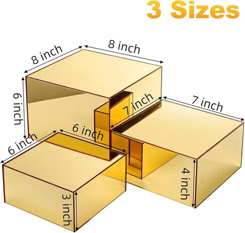 Hacaroa 3 Pack Acrylic Risers Display Stands, Gold Buffet Riser Perfume Organizer, Mirror Food Risers Cube Boxes for Catering, Dessert, Cupcake, Jewelry, Figures, Hollow Bottom, 3 Sizes in Saudi Arabia