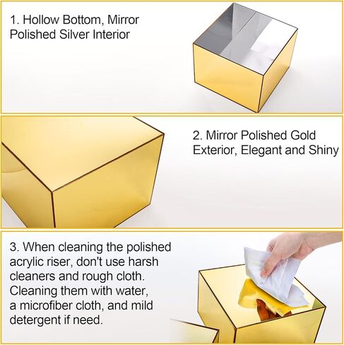Hacaroa 3 Pack Acrylic Risers Display Stands, Gold Buffet Riser Perfume Organizer, Mirror Food Risers Cube Boxes for Catering, Dessert, Cupcake, Jewelry, Figures, Hollow Bottom, 3 Sizes in Saudi Arabia