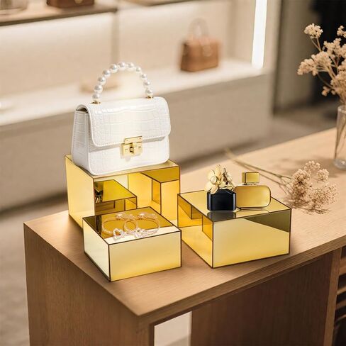 Hacaroa 3 Pack Acrylic Risers Display Stands, Gold Buffet Riser Perfume Organizer, Mirror Food Risers Cube Boxes for Catering, Dessert, Cupcake, Jewelry, Figures, Hollow Bottom, 3 Sizes in Saudi Arabia