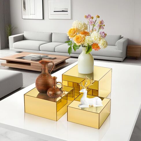 Hacaroa 3 Pack Acrylic Risers Display Stands, Gold Buffet Riser Perfume Organizer, Mirror Food Risers Cube Boxes for Catering, Dessert, Cupcake, Jewelry, Figures, Hollow Bottom, 3 Sizes in Saudi Arabia