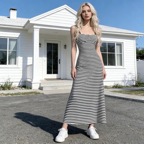 Sexy Casual Summer Dress Sling Dress Long Big Hem Open Back Stripes in Saudi Arabia