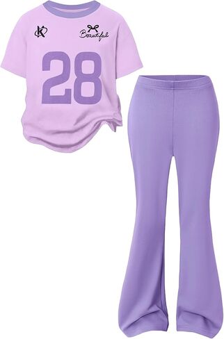 مجموعة ملابس للفتيات مكونة من قطعتين بأكمام قصيرة وبنطلون واسع الخصر وأكمام قصيرة ملابس أطفال غير رسمية لعمر 6-14 عامًا in Kuwait