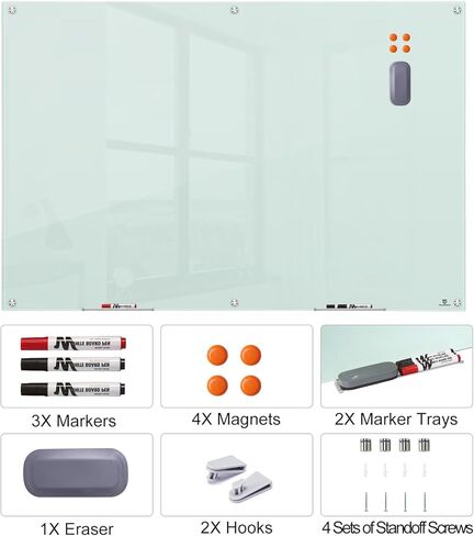 لوح مسح جاف زجاجي من TSJ OFFICE - 72 × 48 بوصة (6 × 4 بوصات) سبورة بيضاء مغناطيسية زجاجية مثبتة على الحائط، لوحة بيضاء كبيرة جدًا بدون إطار للمكتب والمنزل والمدرسة in Kuwait