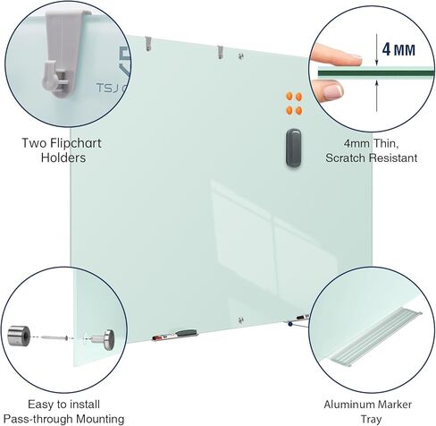 لوح مسح جاف زجاجي من TSJ OFFICE - 72 × 48 بوصة (6 × 4 بوصات) سبورة بيضاء مغناطيسية زجاجية مثبتة على الحائط، لوحة بيضاء كبيرة جدًا بدون إطار للمكتب والمنزل والمدرسة in Kuwait